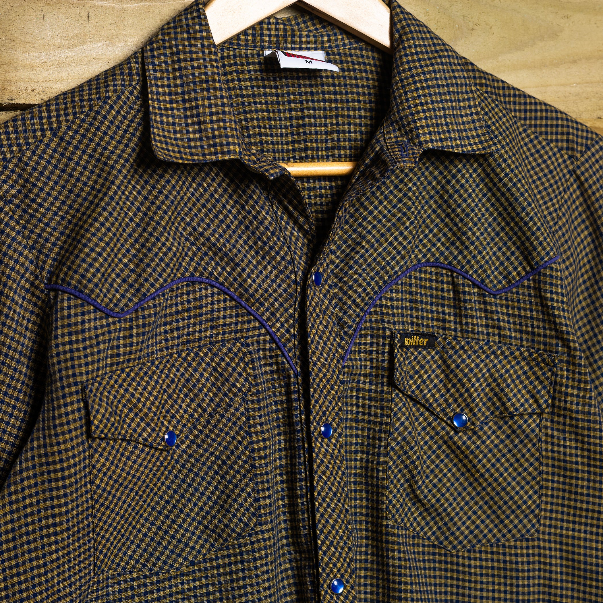Vintage Miller Western Wear Blue & Yellow Check Pearl Snap Western Shirt – Size S (8–10)