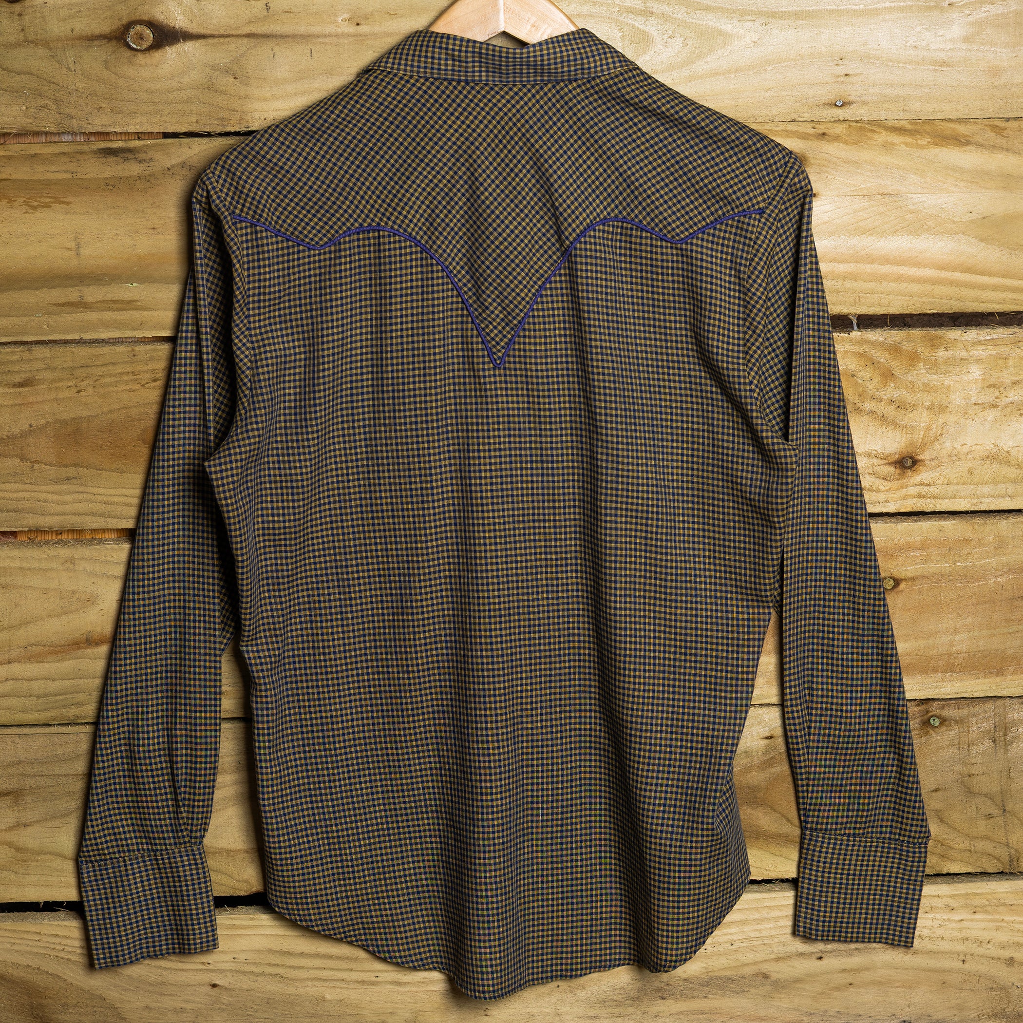 Vintage Miller Western Wear Blue & Yellow Check Pearl Snap Western Shirt – Size S (8–10)