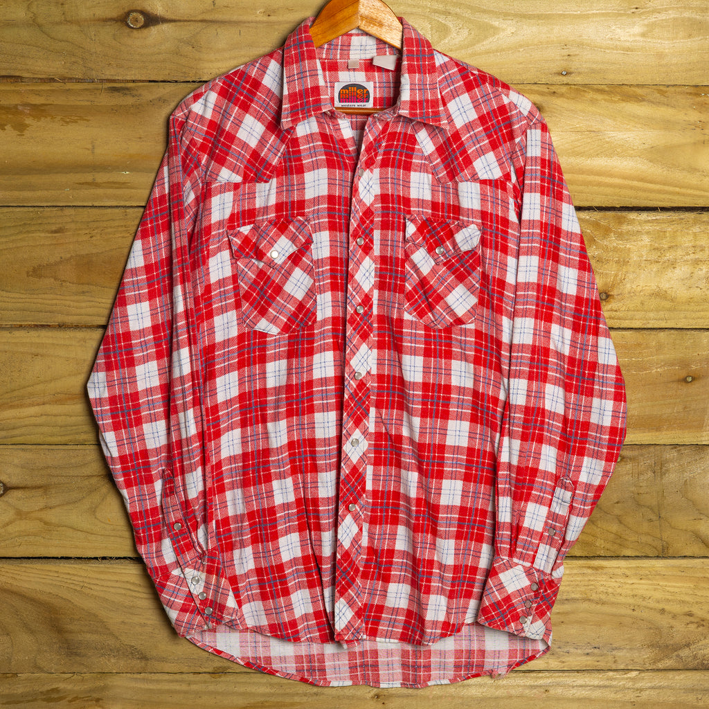 Vintage Miller Western Wear Red and White Check Cowboy Shirt with Pearl Snaps