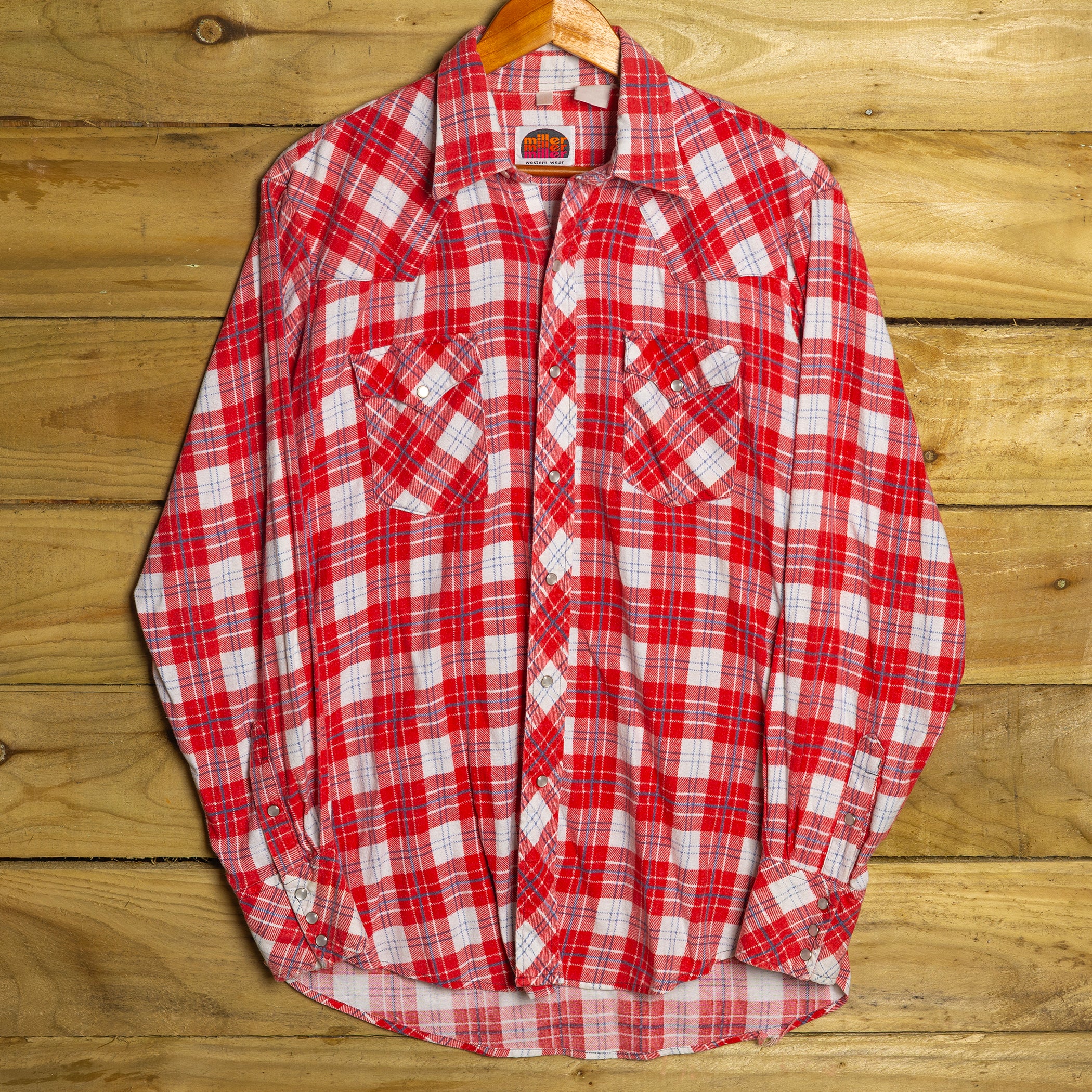 Vintage Miller Western Wear Red and White Check Cowboy Shirt with Pearl Snaps