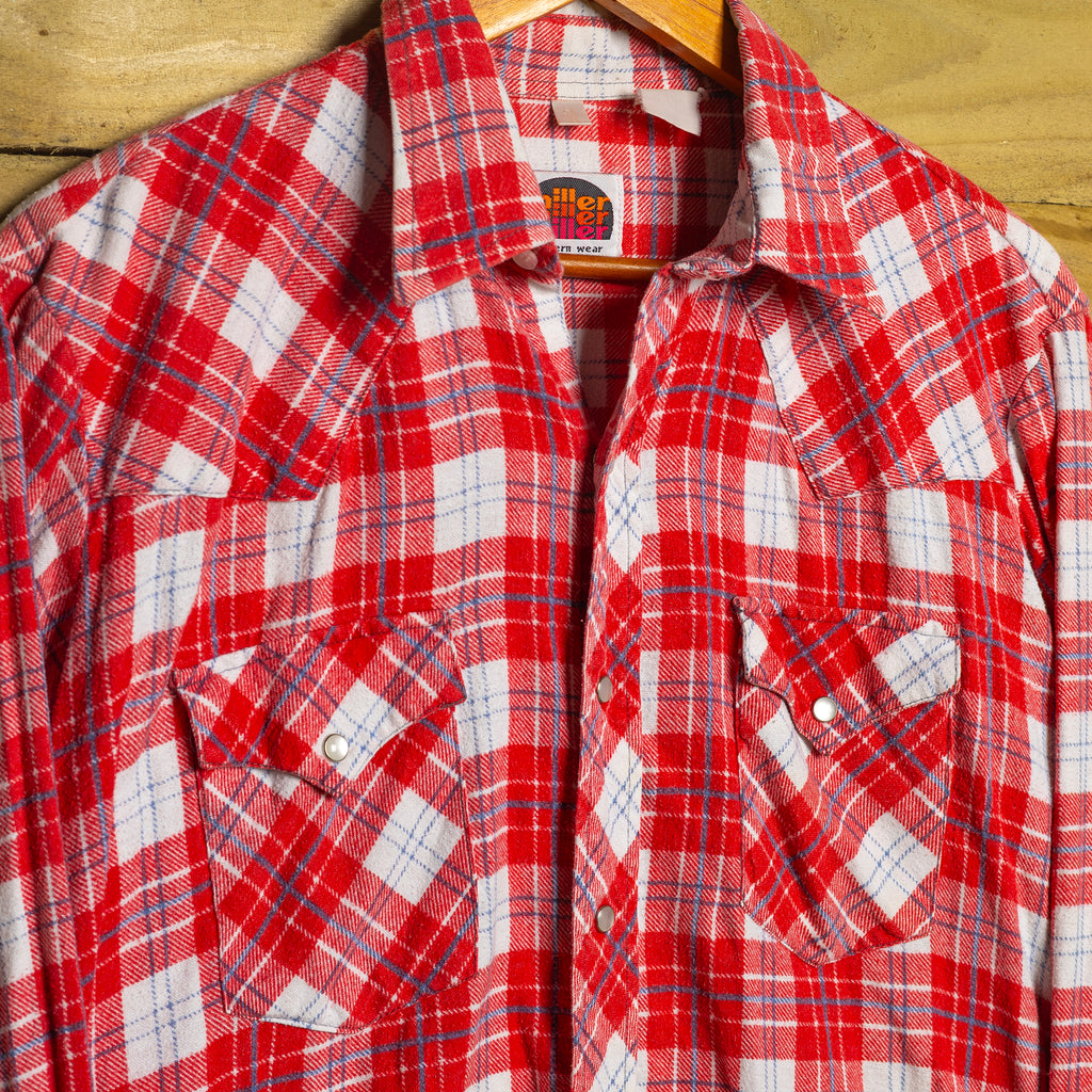 Vintage Miller Western Wear Red and White Check Cowboy Shirt with Pearl Snaps