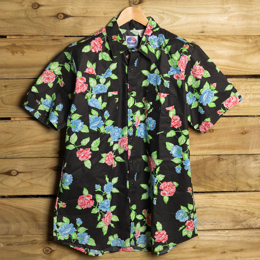 Vintage Miller Black Floral Hawaiian Western Shirt – Pearl Snaps & Sawtooth Pockets