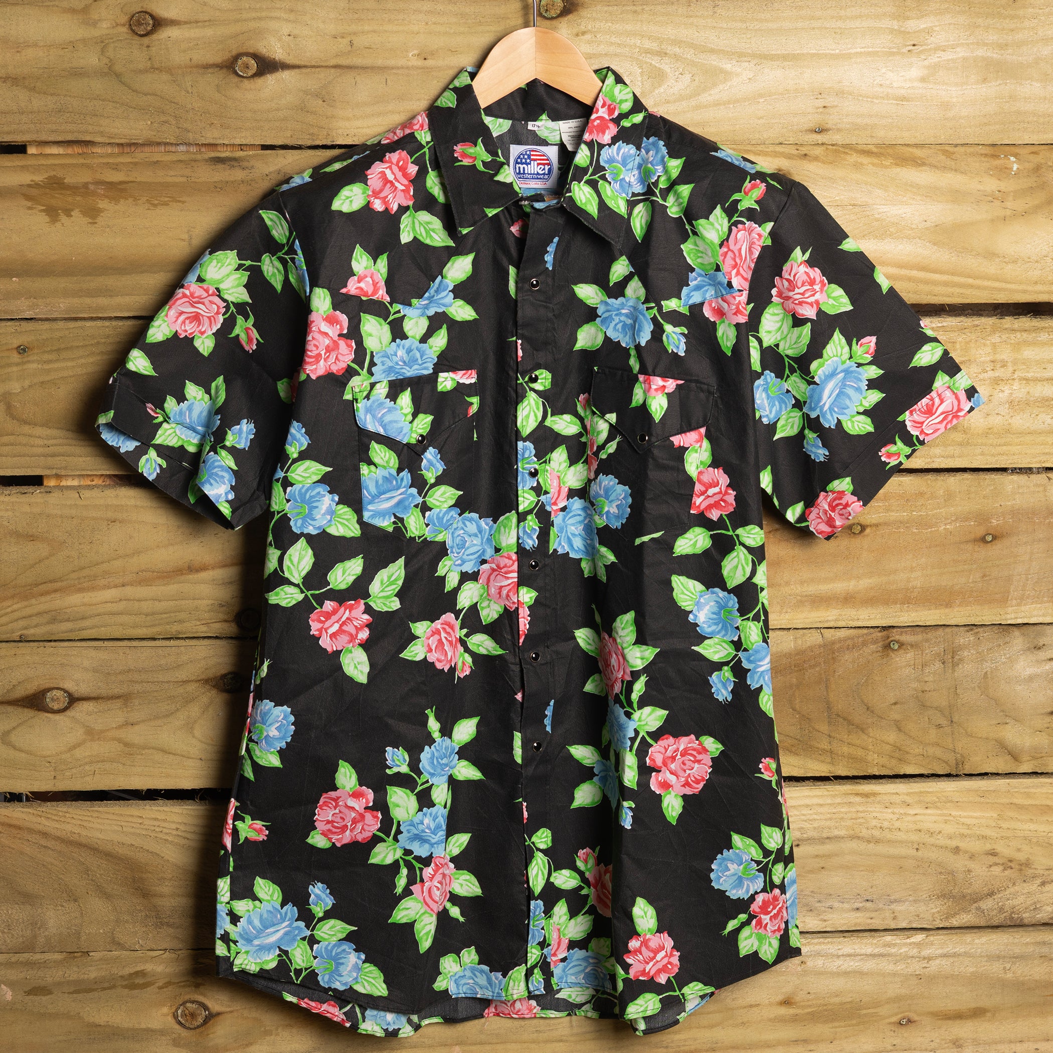 Vintage Miller Black Floral Hawaiian Western Shirt – Pearl Snaps & Sawtooth Pockets