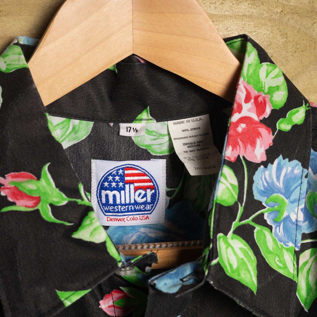 Vintage Miller Black Floral Hawaiian Western Shirt – Pearl Snaps & Sawtooth Pockets