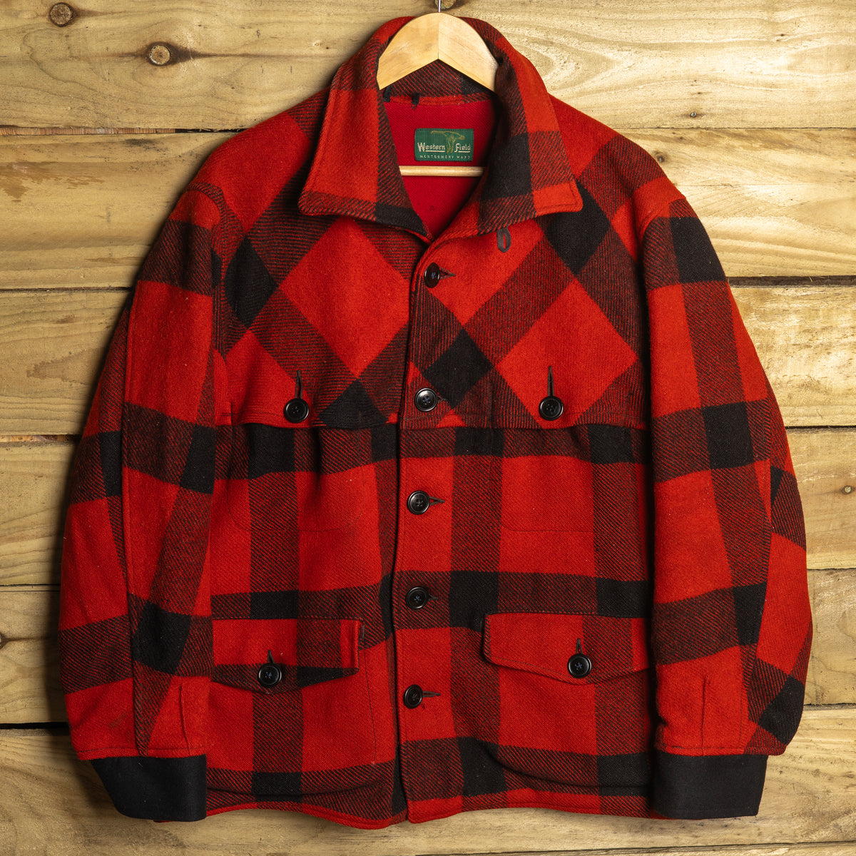 Vintage Western Field Montgomery Ward Red & Black Wool Hunting Jacket – L