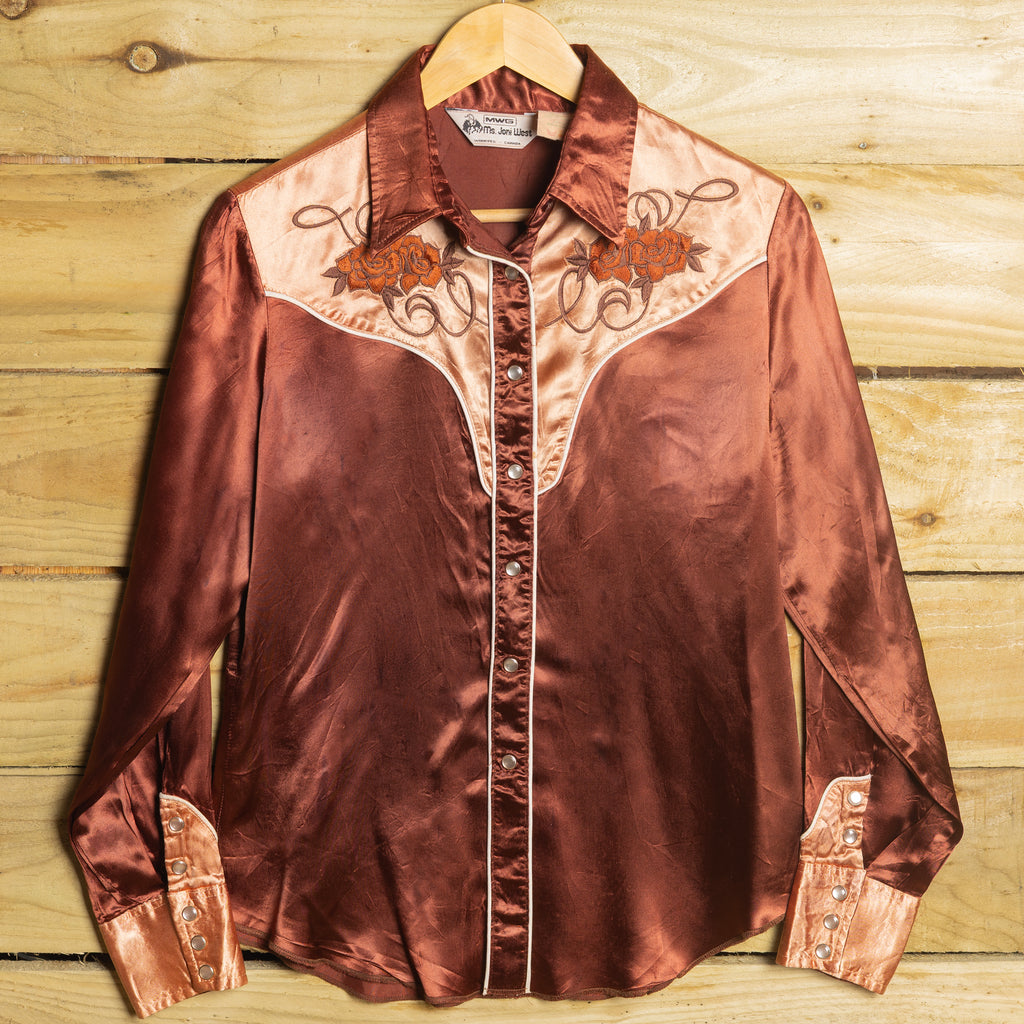 Vintage MWG Ms Joni West Brown & Cream Embroidered Western Shirt, Size 16