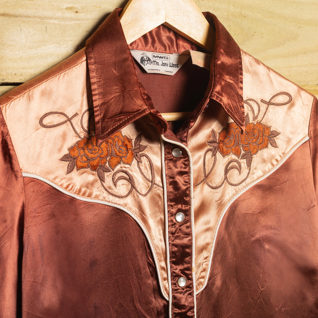 Vintage MWG Ms Joni West Brown & Cream Embroidered Western Shirt, Size 16