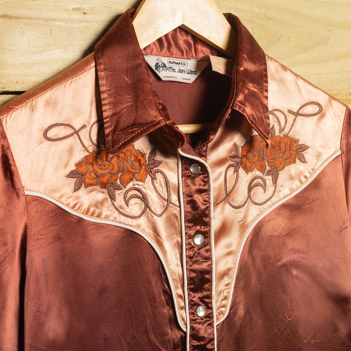 Vintage MWG Ms Joni West Brown & Cream Embroidered Western Shirt, Size 16