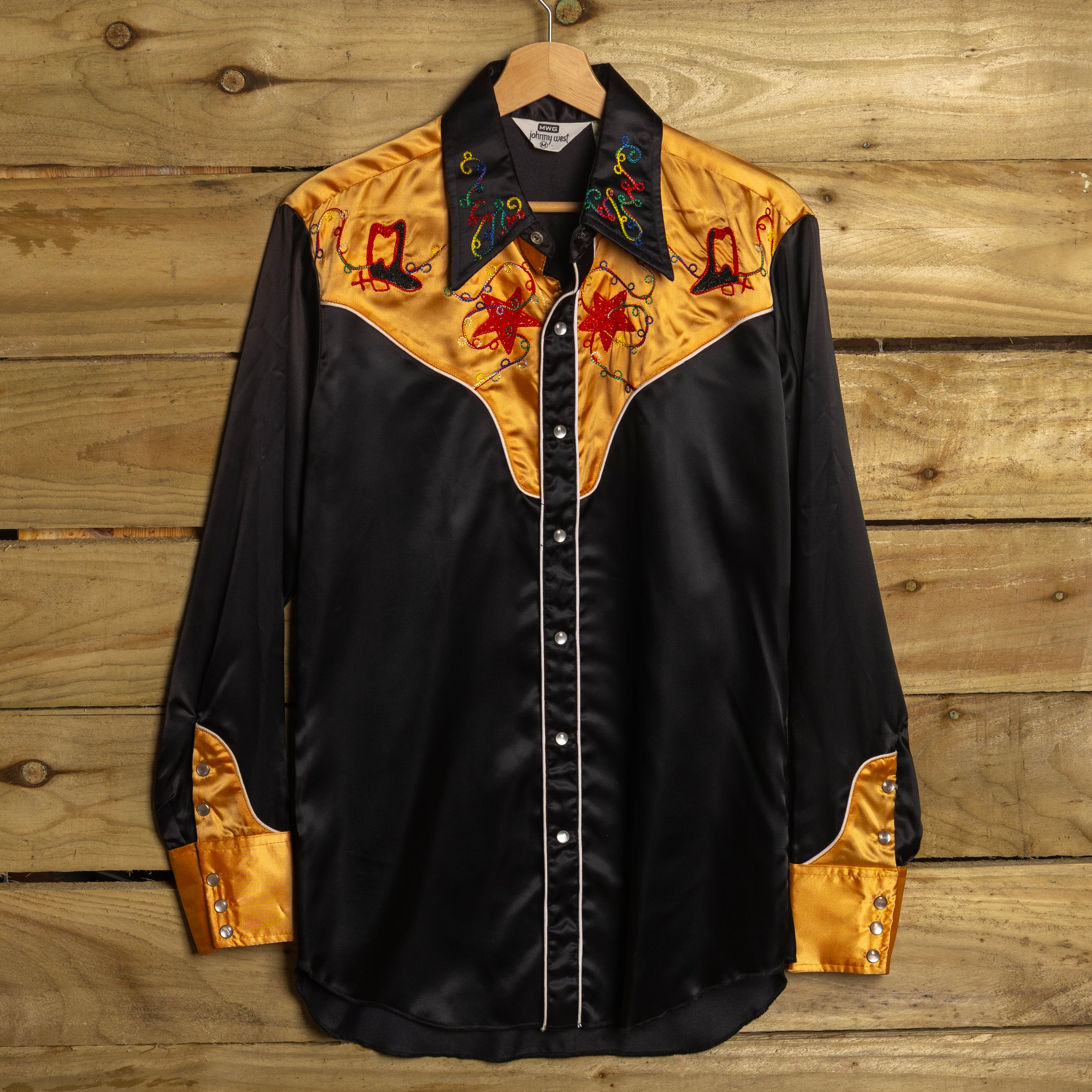 MWG Johnny West Vintage 1970s Chain Stitch Black & Gold Western Shirt | Pearl Snaps | Slim Fit | Men's M