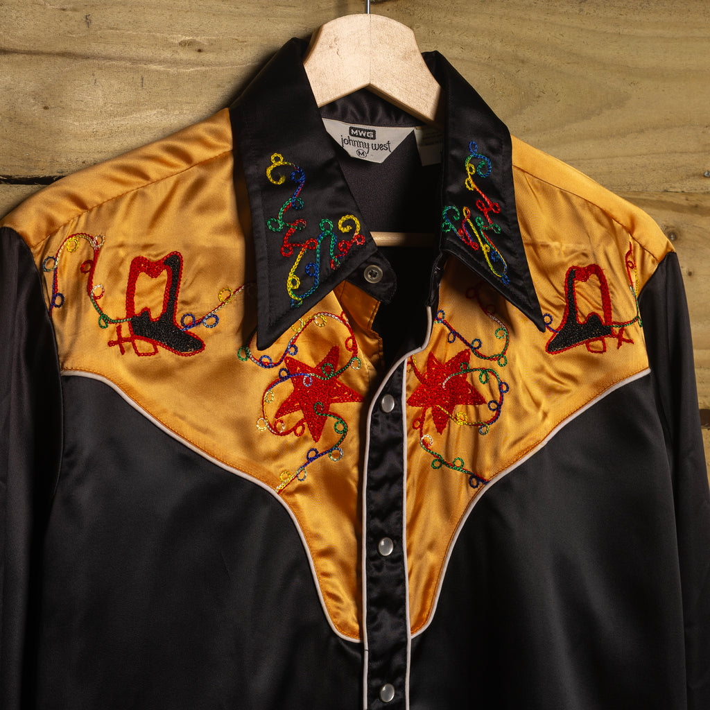 MWG Johnny West Vintage 1970s Chain Stitch Black & Gold Western Shirt | Pearl Snaps | Slim Fit | Men's M