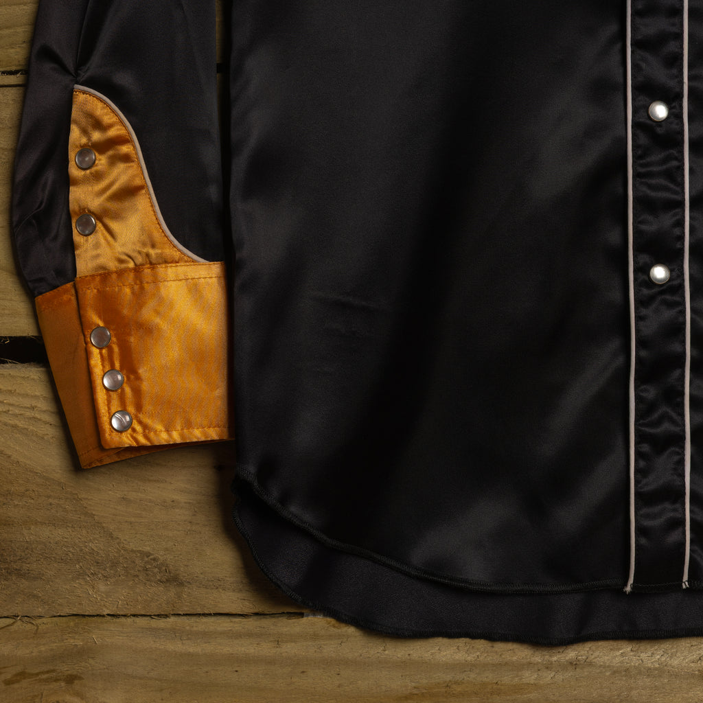 MWG Johnny West Vintage 1970s Chain Stitch Black & Gold Western Shirt | Pearl Snaps | Slim Fit | Men's M