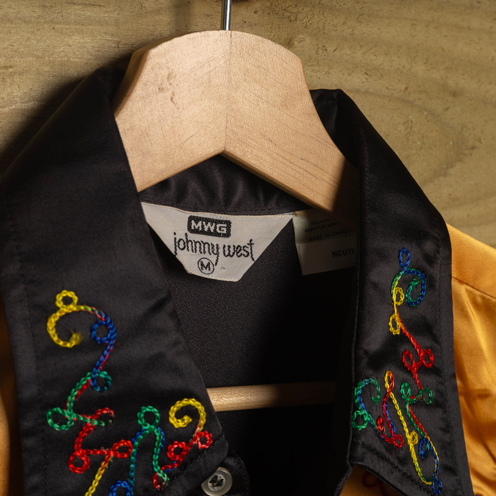MWG Johnny West Vintage 1970s Chain Stitch Black & Gold Western Shirt | Pearl Snaps | Slim Fit | Men's M