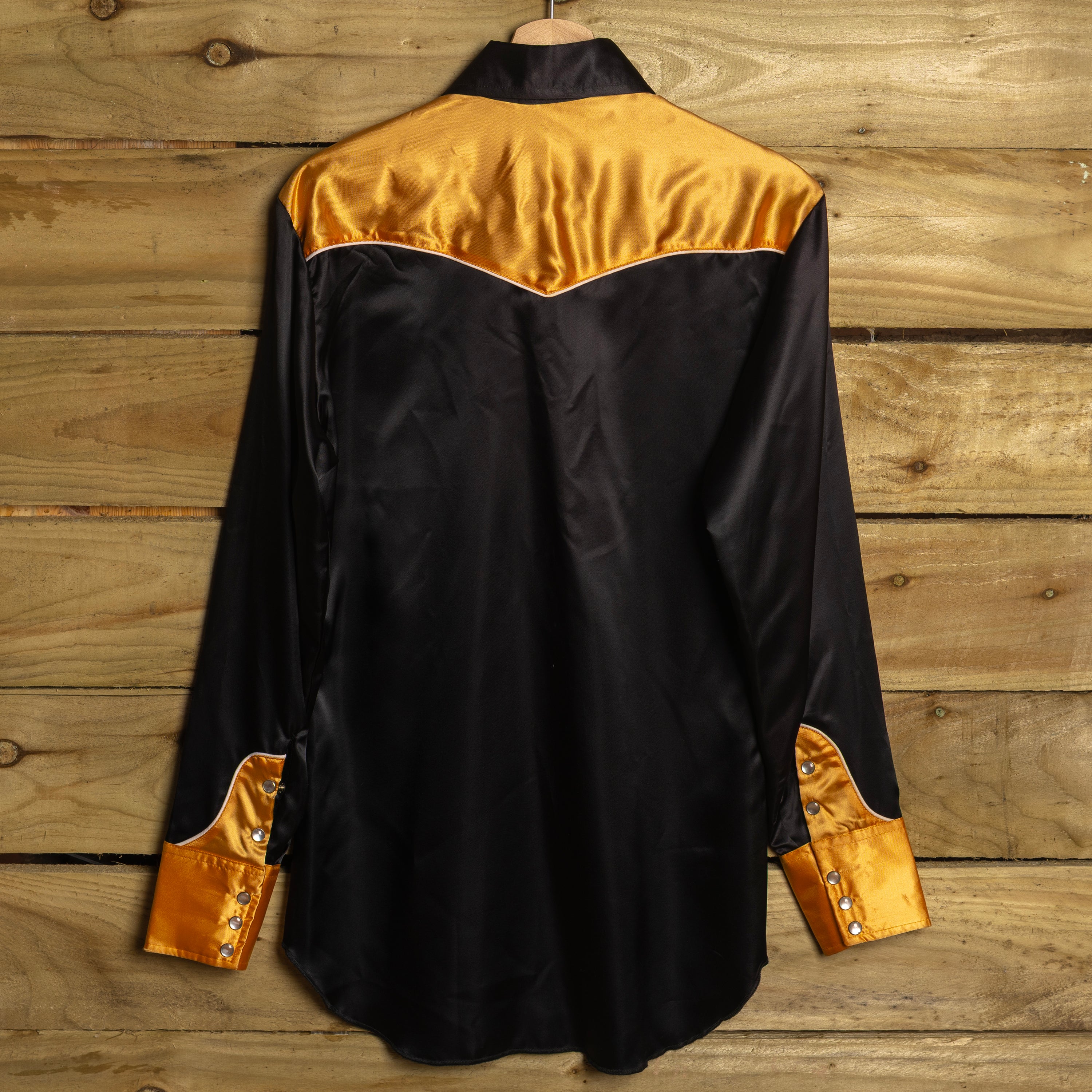 MWG Johnny West Vintage 1970s Chain Stitch Black & Gold Western Shirt | Pearl Snaps | Slim Fit | Men's M