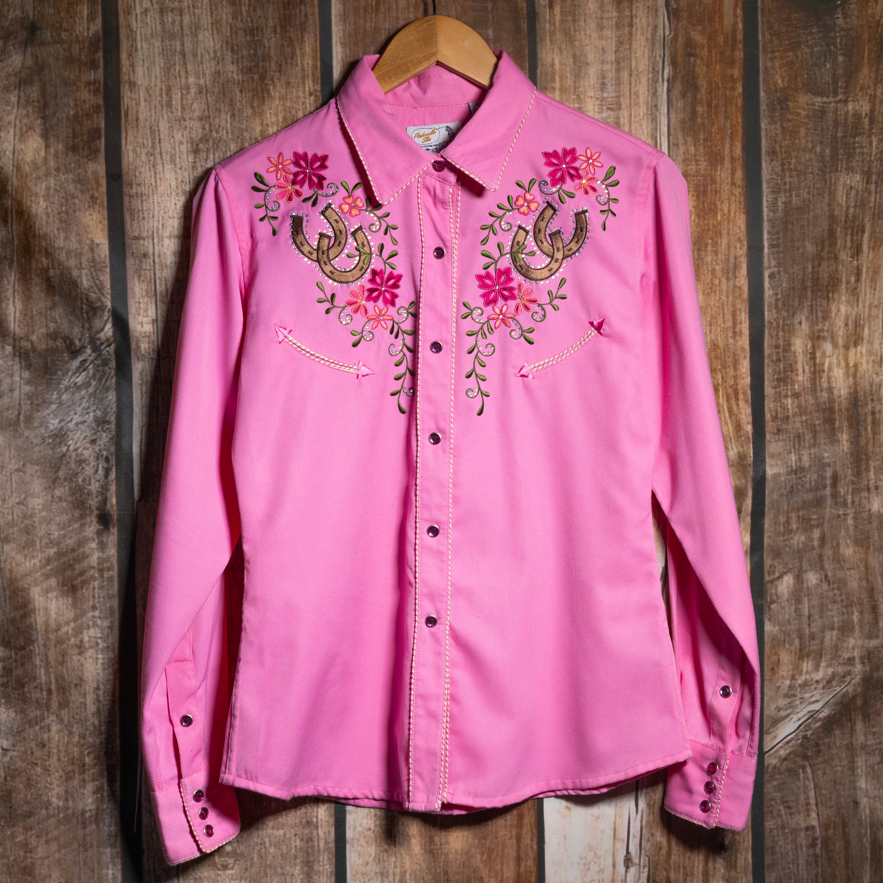 Panhandle Slim Retro Western Wear Pink Embroidered Horseshoe Shirt M/ 10
