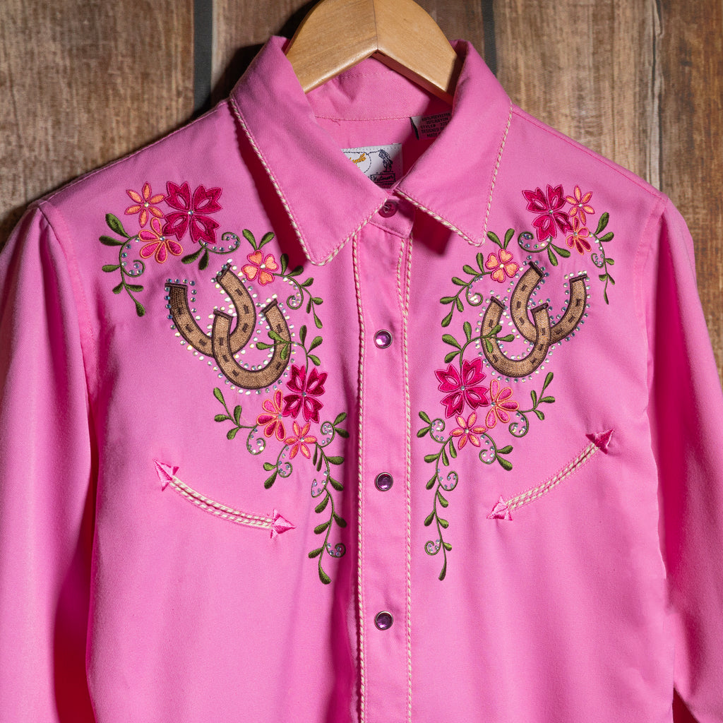 Panhandle Slim Retro Western Wear Pink Embroidered Horseshoe Shirt M/ 10