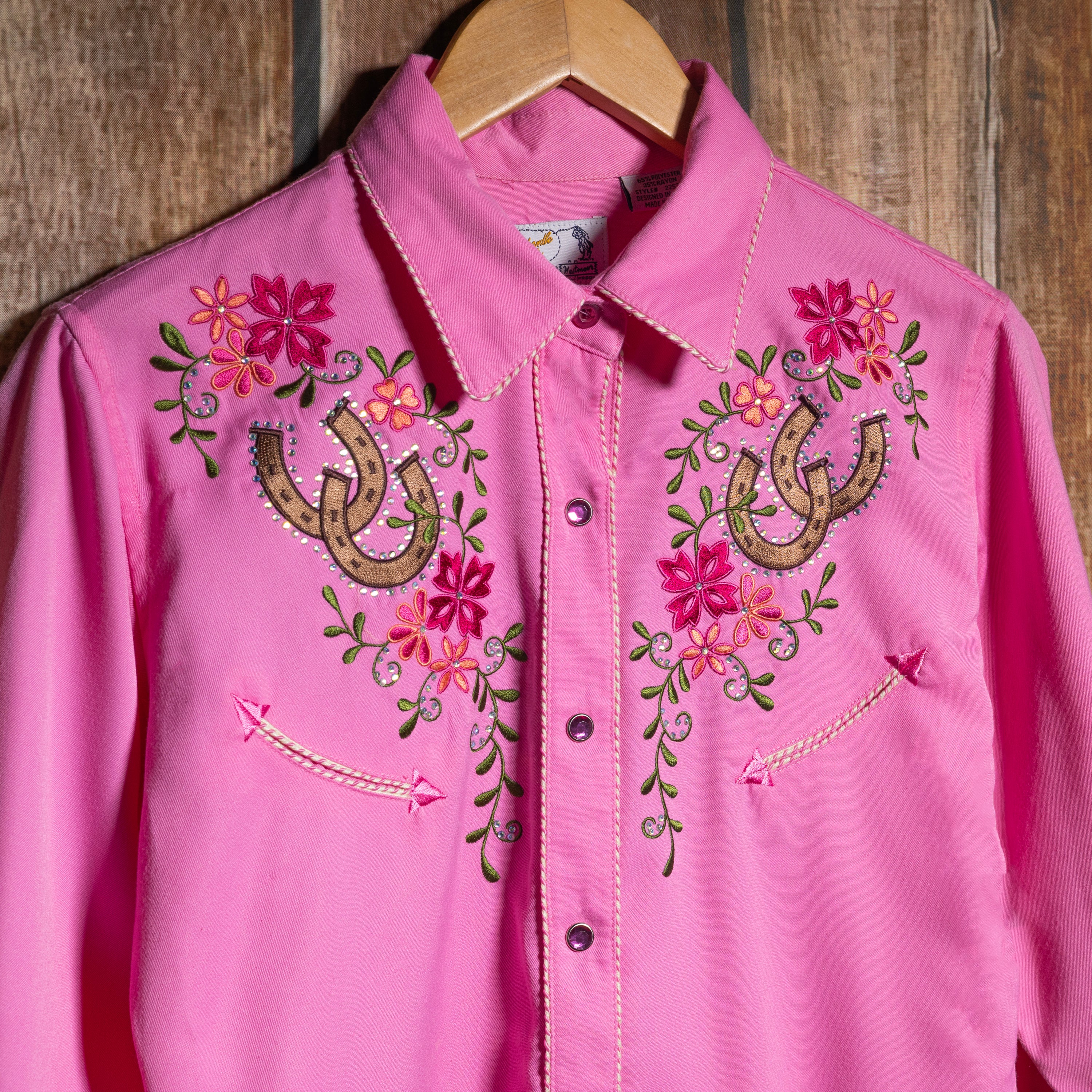 Panhandle Slim Retro Western Wear Pink Embroidered Horseshoe Shirt M/ 10