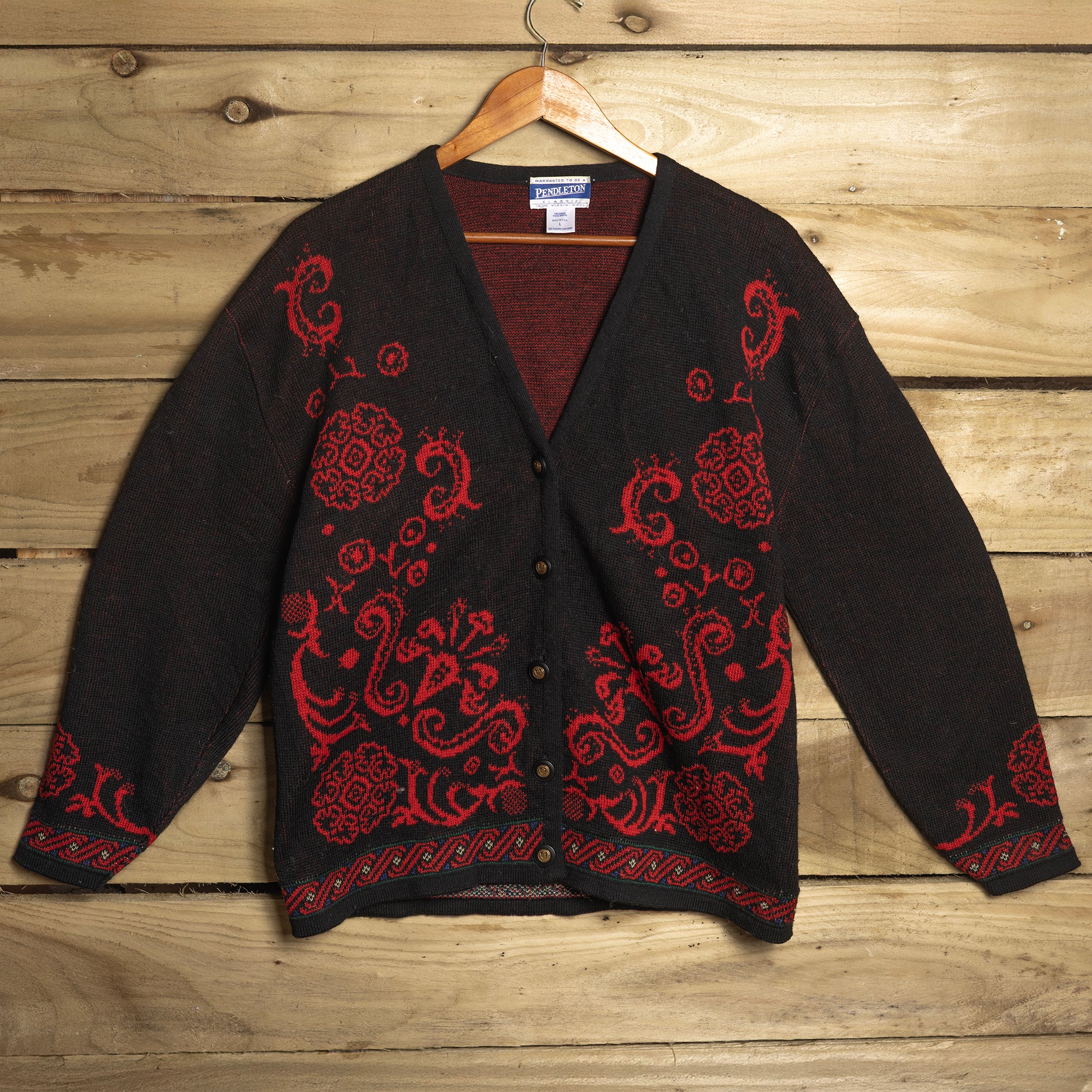 Pendleton vintage knit black usa製 L Vintage Pendleton Wool Cardigan Red Black Knit – Size L | Rodeo