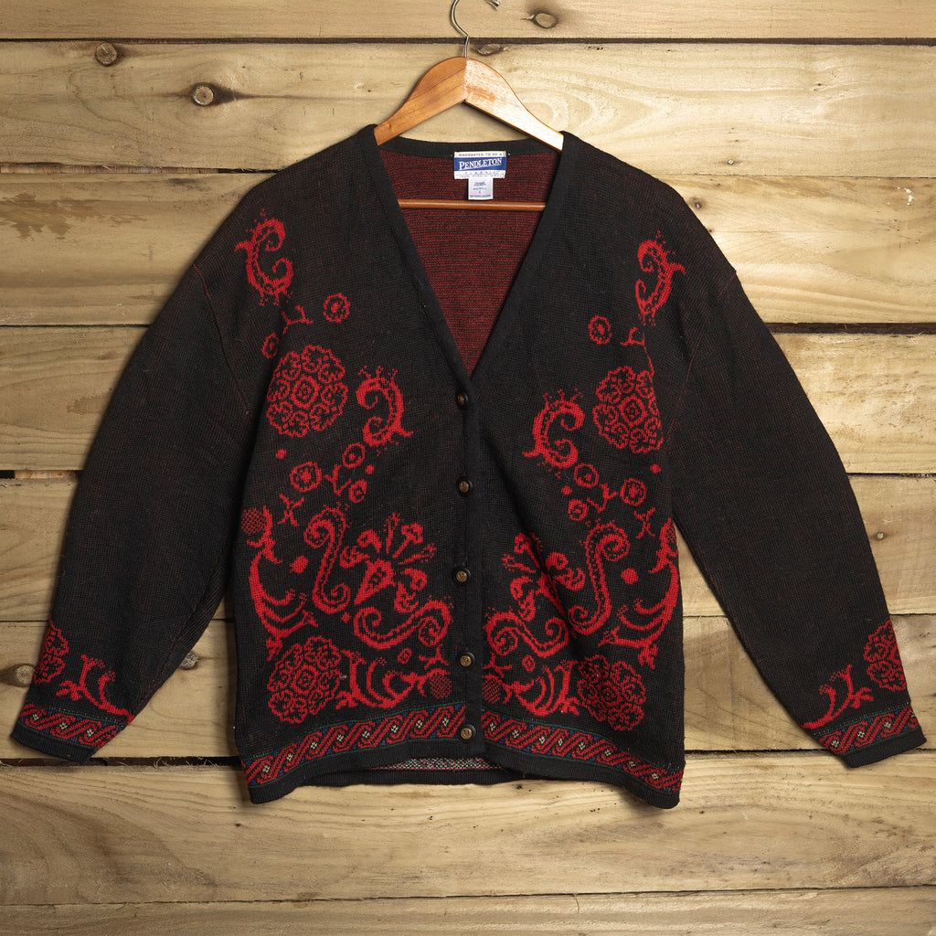 Vintage Pendleton 100% Wool Red & Black Knit Cardigan – Size L (16–18)