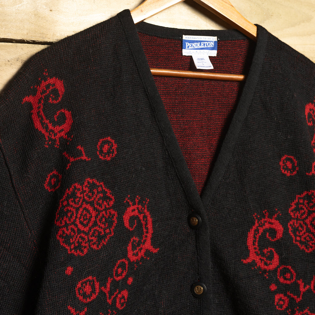 Vintage Pendleton 100% Wool Red & Black Knit Cardigan – Size L (16–18)