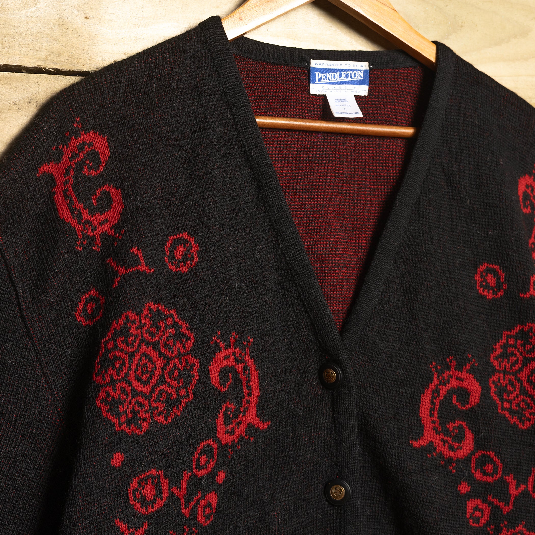 Vintage Pendleton 100% Wool Red & Black Knit Cardigan – Size L (16–18)