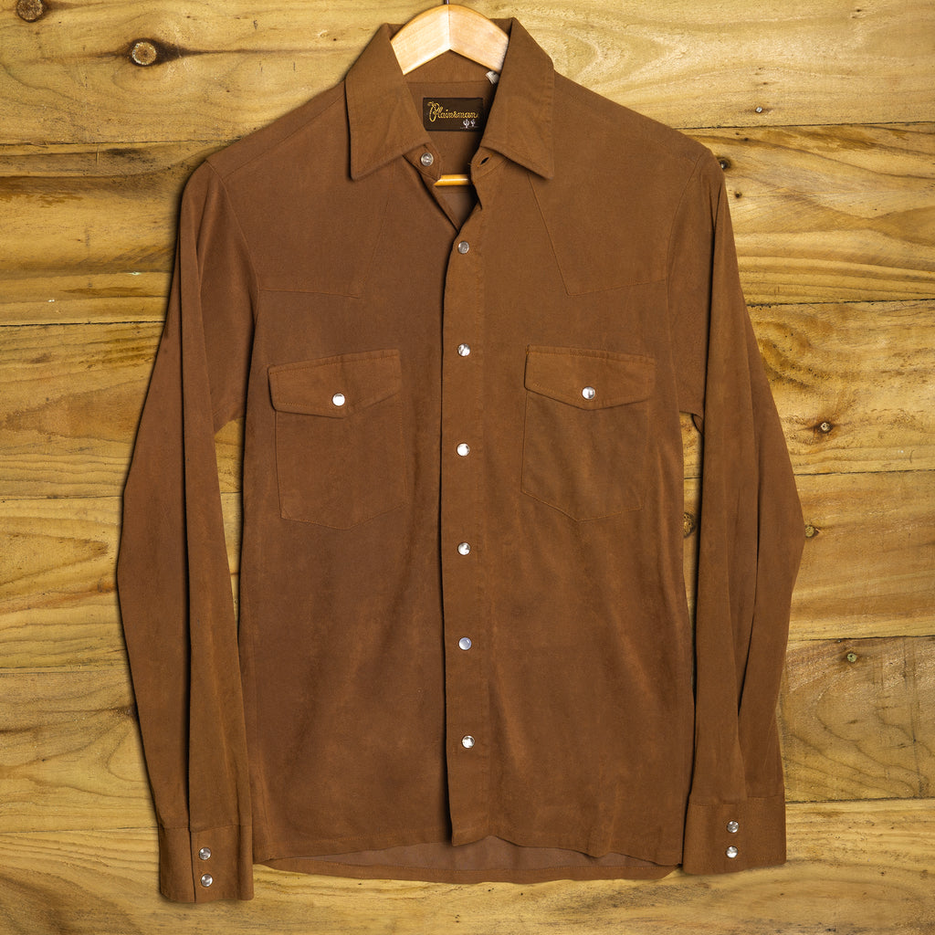 Vintage Plainsman Faux Suede Brown & Tan Western Shirt - Pearl Snaps - Size S