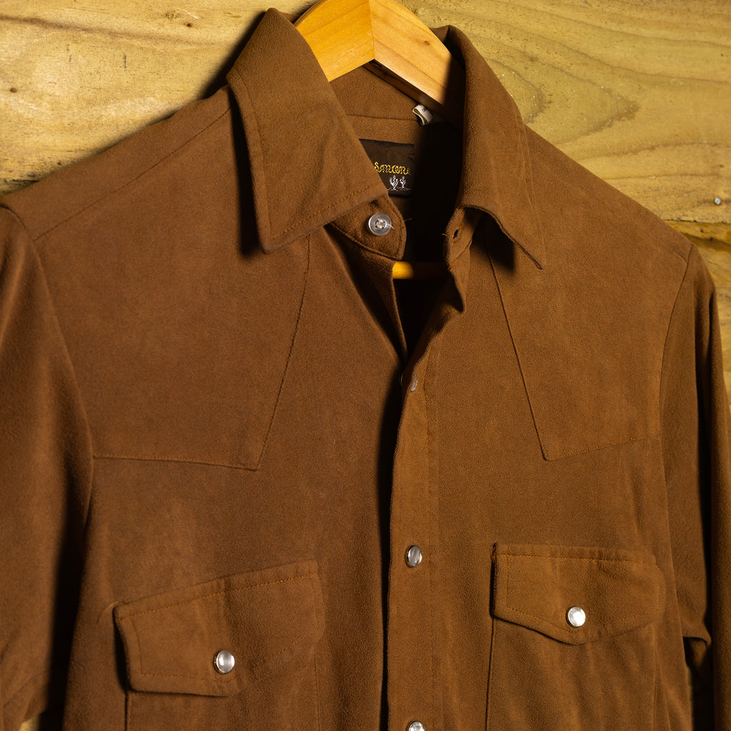 Vintage Plainsman Faux Suede Brown & Tan Western Shirt - Pearl Snaps - Size S
