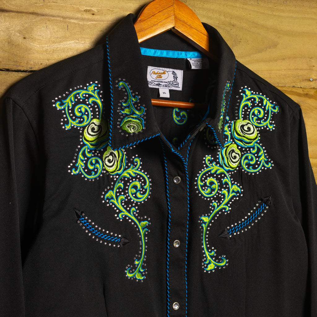 Panhandle Slim Embroidered Black Cowboy Shirt with Snaps - Size XL/14 - Rodeo Joe's Western Wear