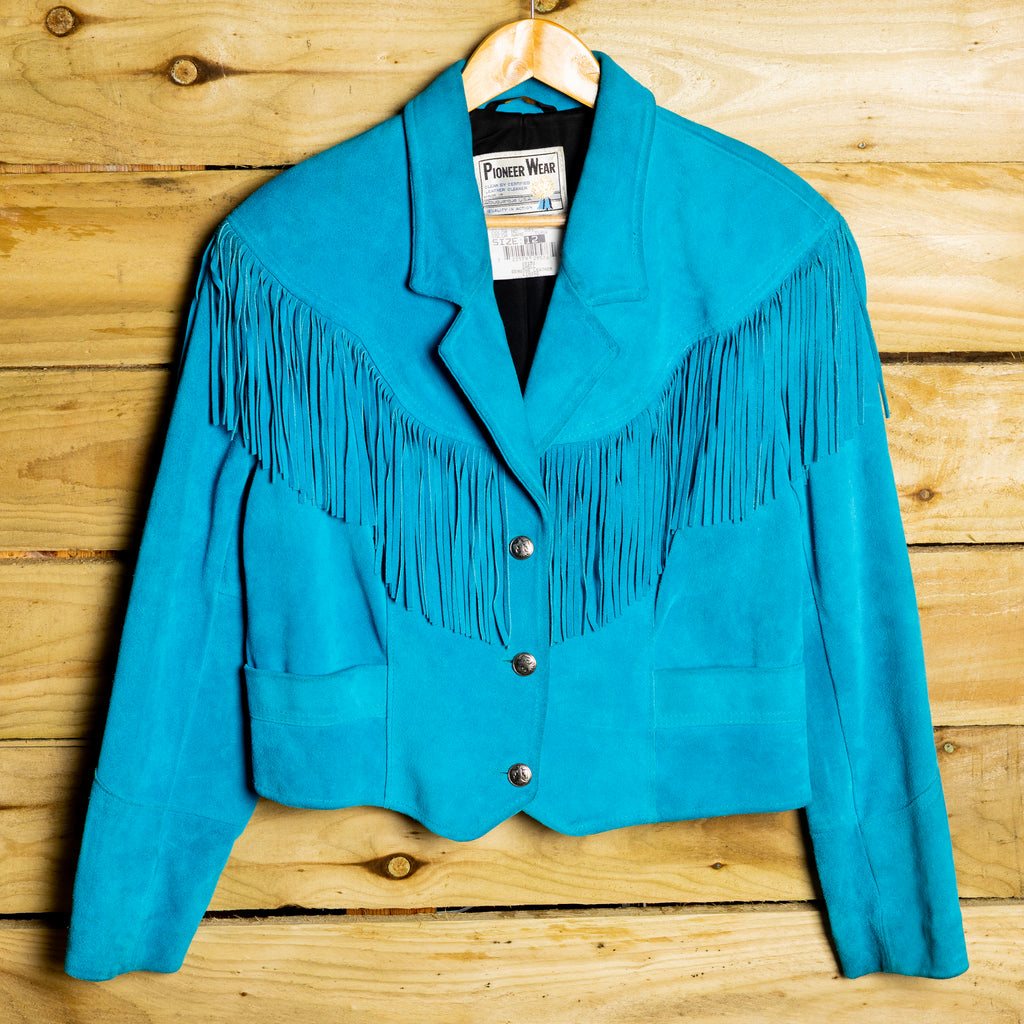 Vintage Pioneer Wear Turquoise Suede Fringe Cropped Jacket, M 12–14