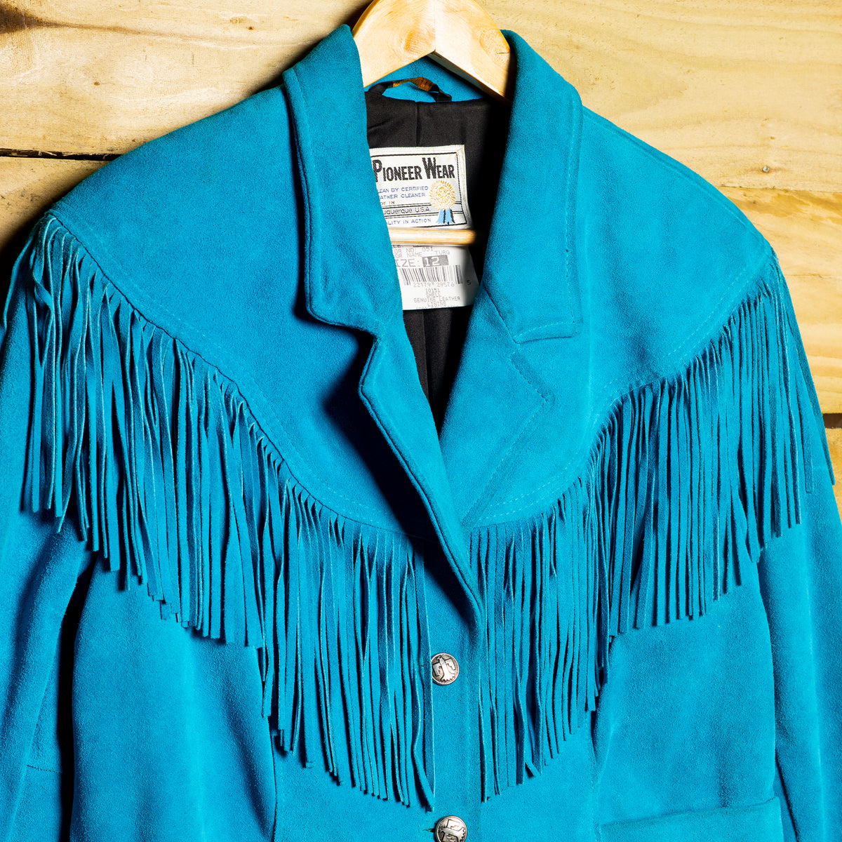 Vintage Pioneer Wear Turquoise Suede Fringe Cropped Jacket, M 12–14
