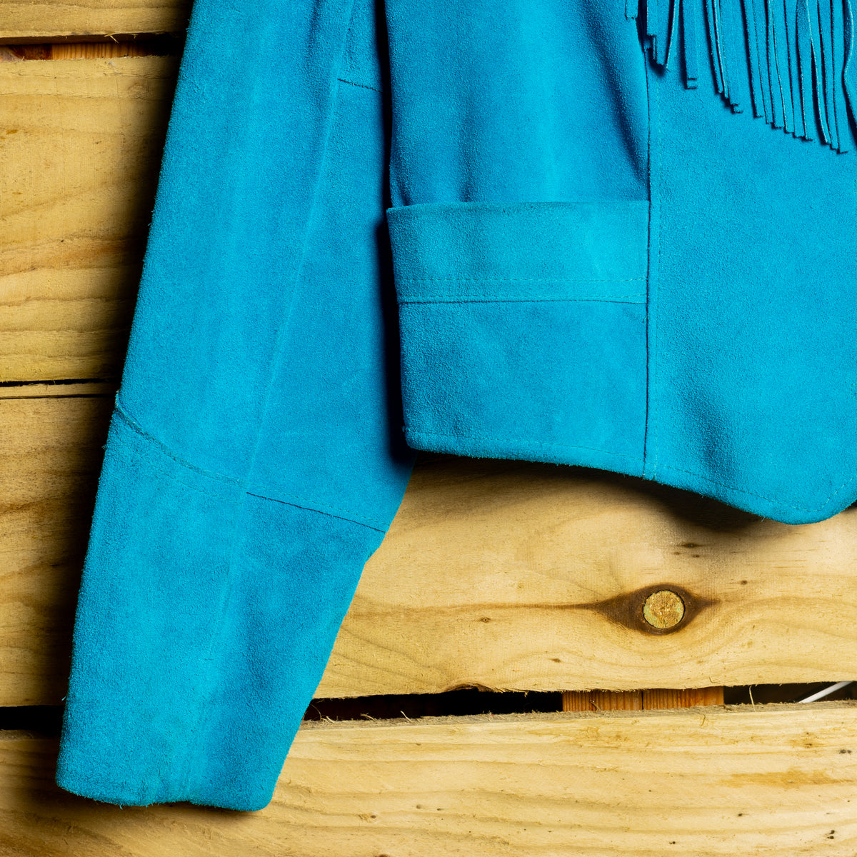 Vintage Pioneer Wear Turquoise Suede Fringe Cropped Jacket, M 12–14