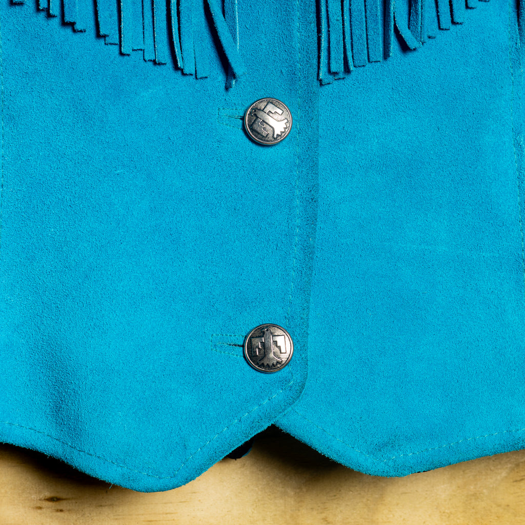 Vintage Pioneer Wear Turquoise Suede Fringe Cropped Jacket, M 12–14