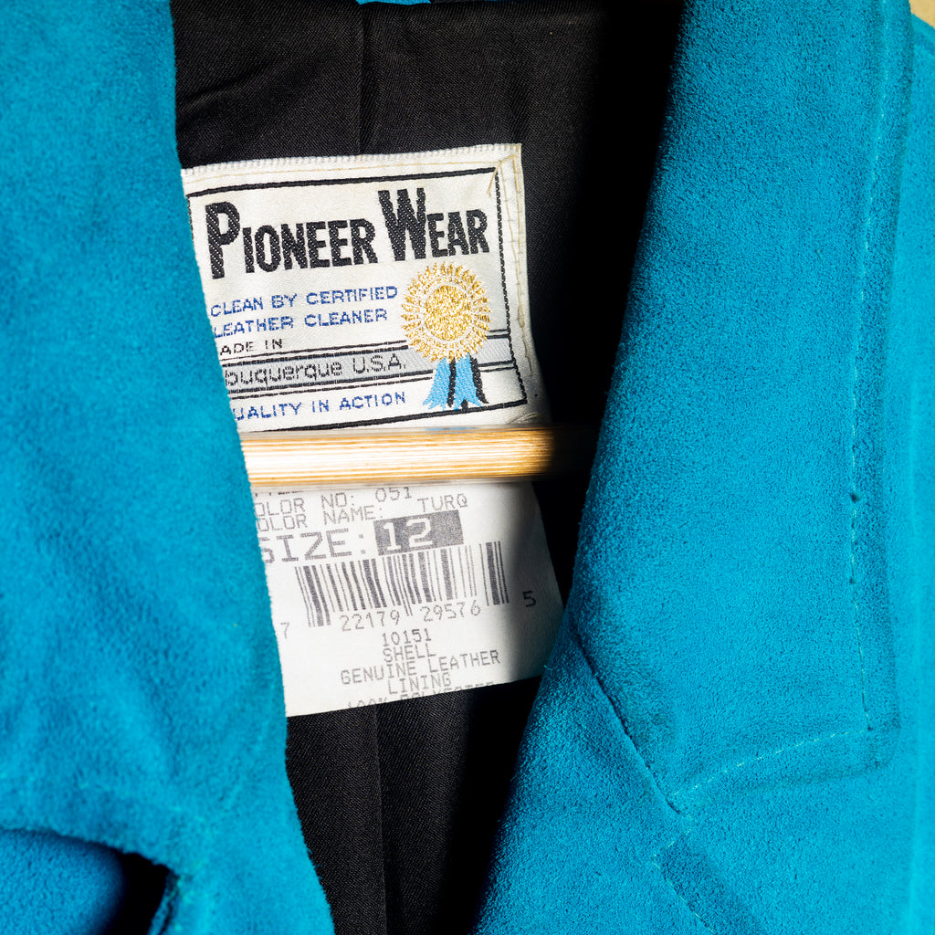 Vintage Pioneer Wear Turquoise Suede Fringe Cropped Jacket, M 12–14