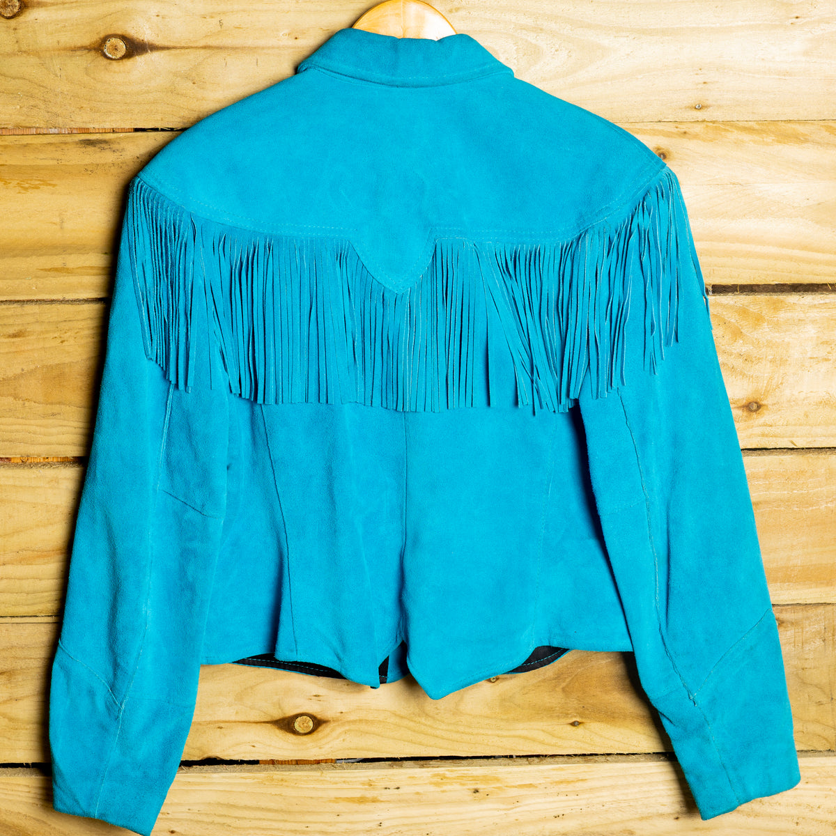 Vintage Pioneer Wear Turquoise Suede Fringe Cropped Jacket, M 12–14