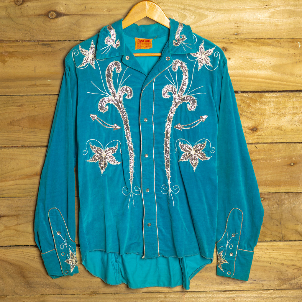 Rare 1950s Ranch Man Turquoise Velvet Western Shirt with Crackling Foil & Silver Piping - Museum Quality - Rodeo Joe's Western Wear