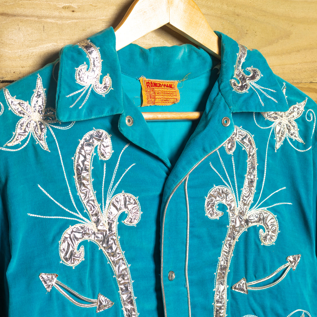 Rare 1950s Ranch Man Turquoise Velvet Western Shirt with Crackling Foil & Silver Piping - Museum Quality - Rodeo Joe's Western Wear