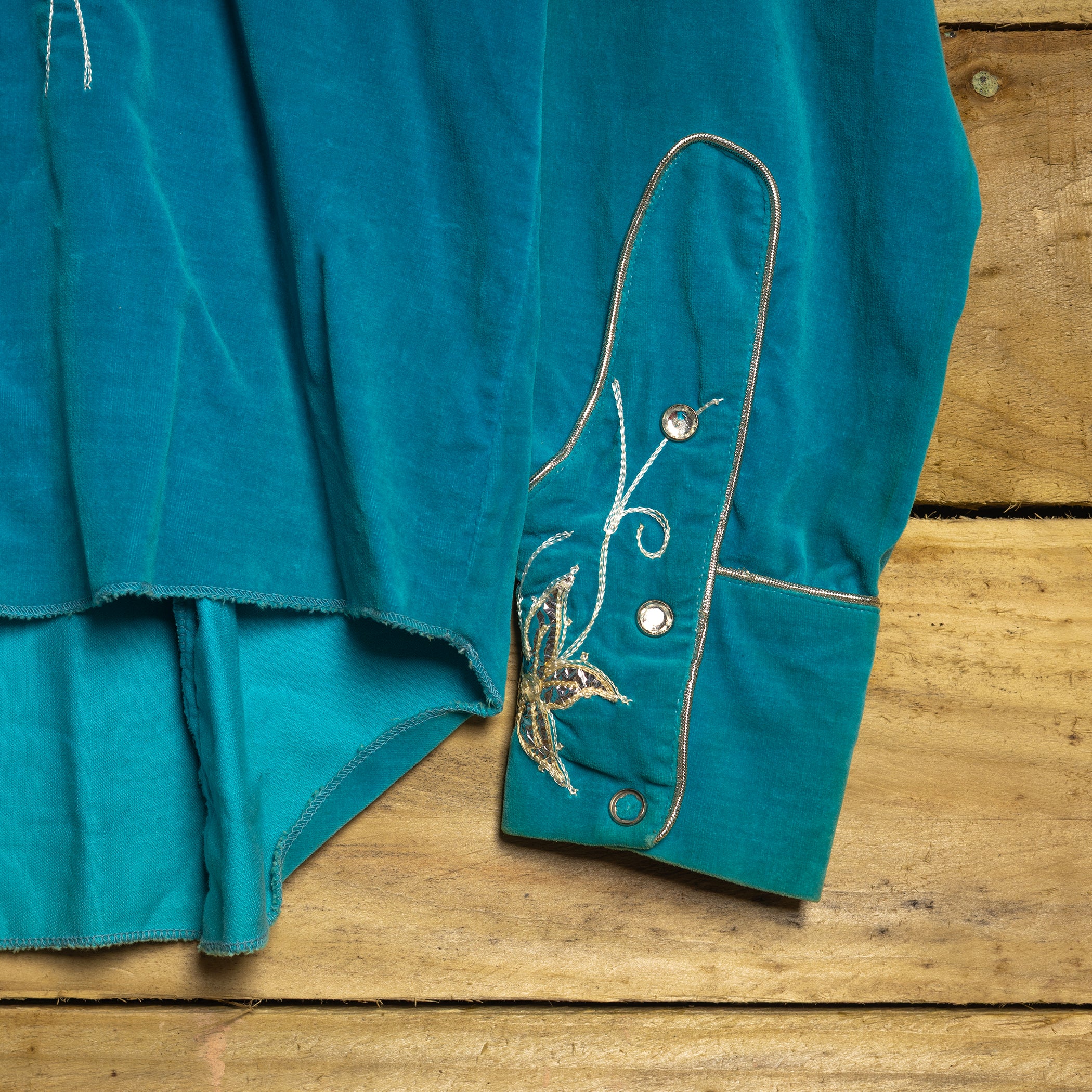 Rare 1950s Ranch Man Turquoise Velvet Western Shirt with Crackling Foil & Silver Piping - Museum Quality - Rodeo Joe's Western Wear