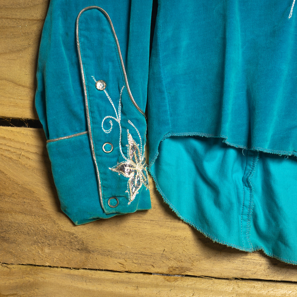 Rare 1950s Ranch Man Turquoise Velvet Western Shirt with Crackling Foil & Silver Piping - Museum Quality - Rodeo Joe's Western Wear