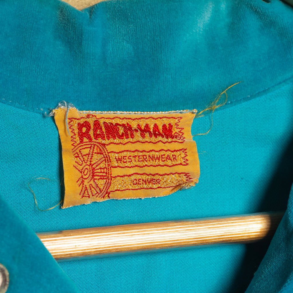 Rare 1950s Ranch Man Turquoise Velvet Western Shirt with Crackling Foil & Silver Piping - Museum Quality - Rodeo Joe's Western Wear
