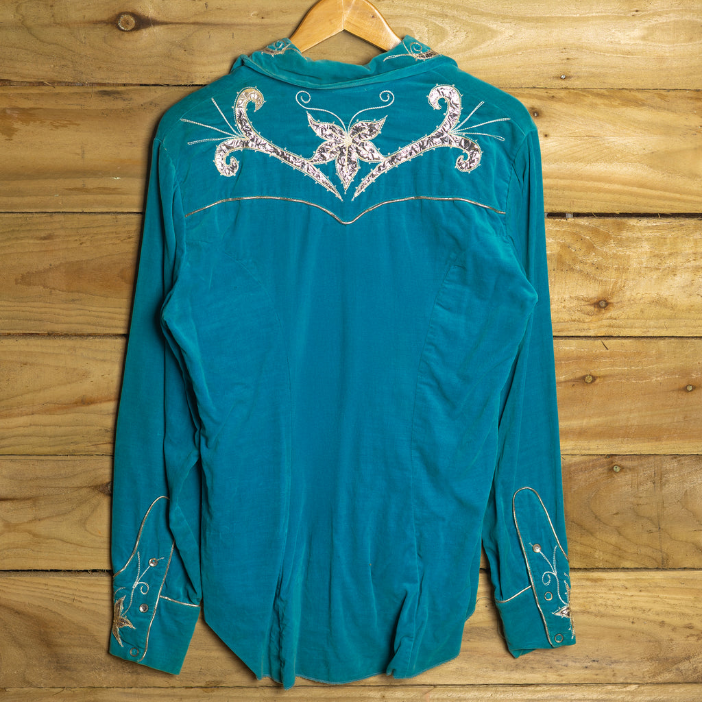 Rare 1950s Ranch Man Turquoise Velvet Western Shirt with Crackling Foil & Silver Piping - Museum Quality - Rodeo Joe's Western Wear
