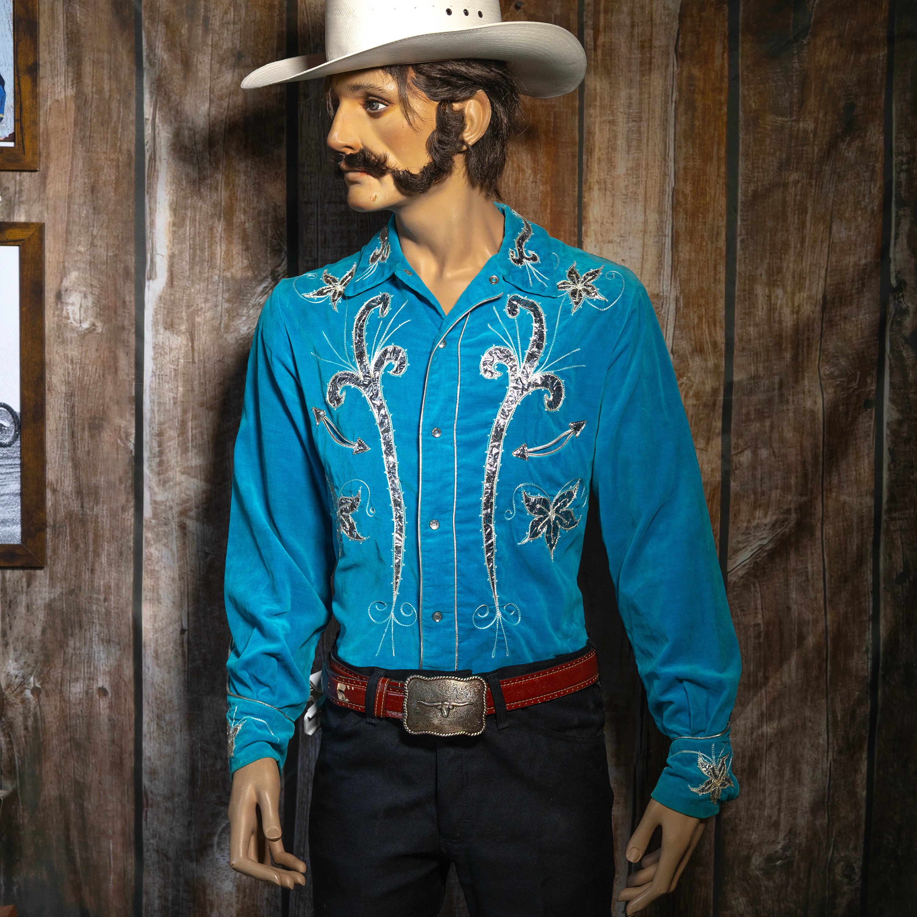 Vintage 1950s Ranch Man Turquoise Velvet Western Shirt