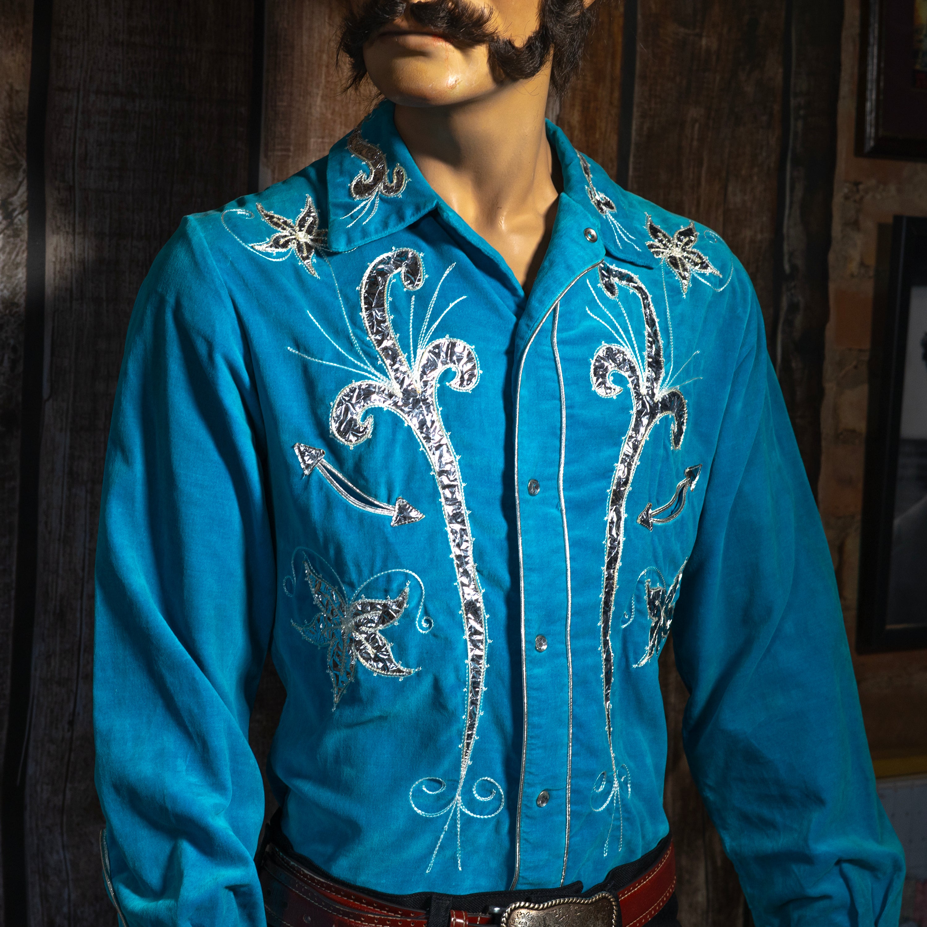 Vintage 1950s Ranch Man Turquoise Velvet Western Shirt
