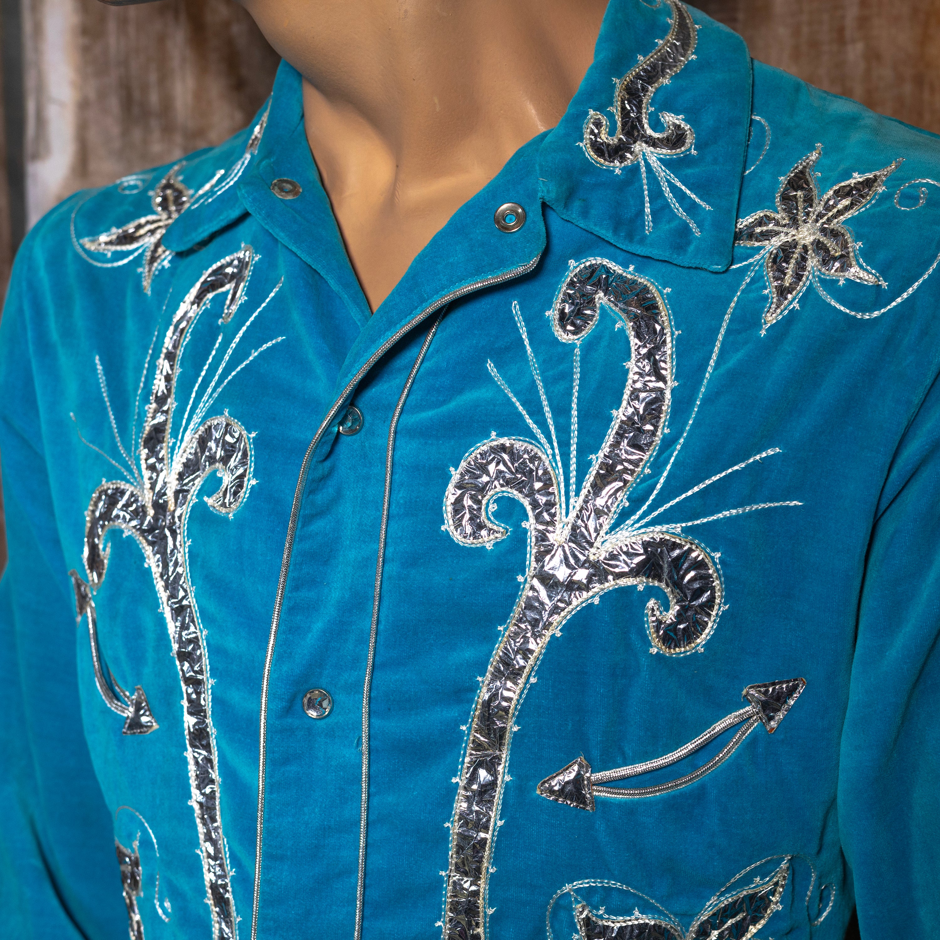 Vintage 1950s Ranch Man Turquoise Velvet Western Shirt