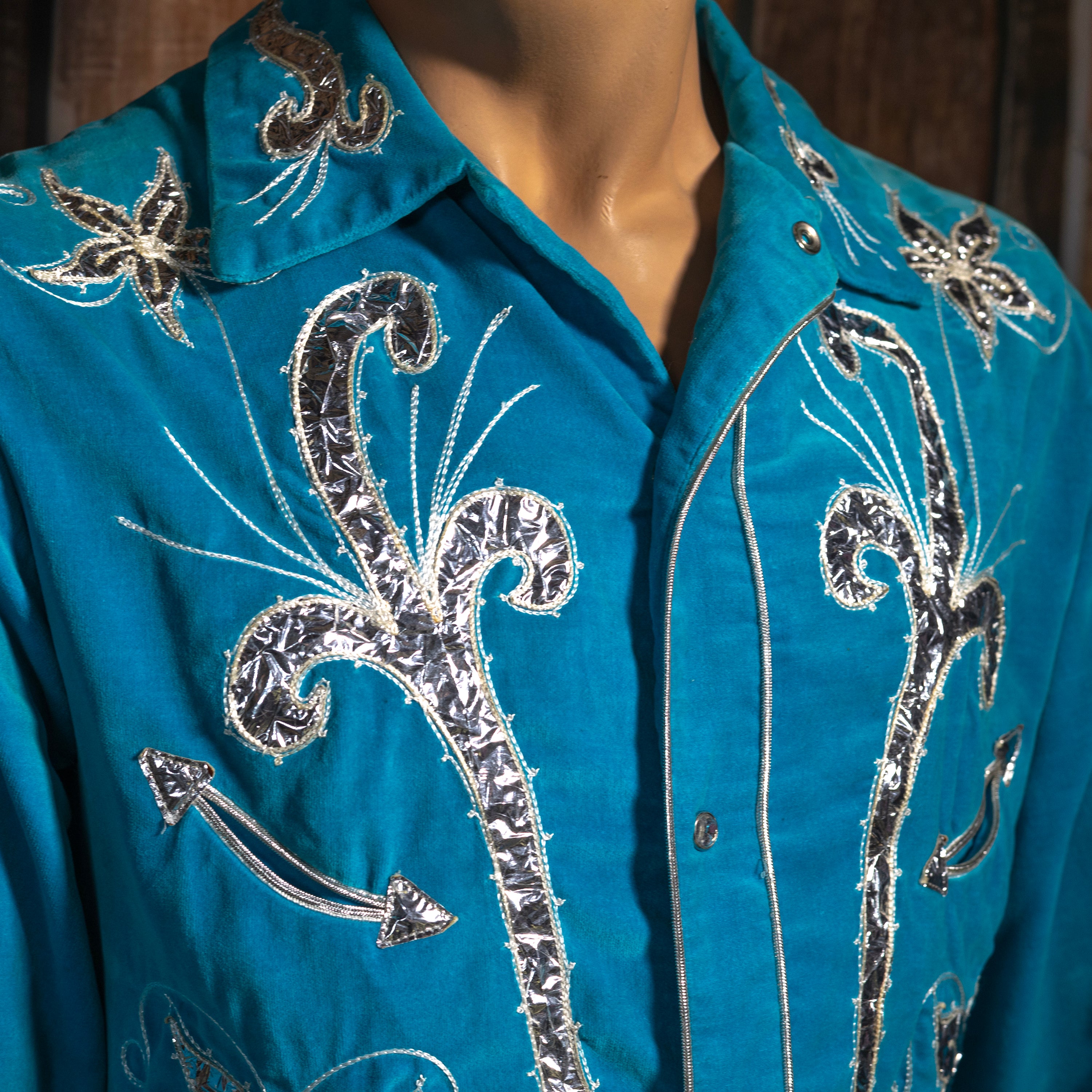 Vintage 1950s Ranch Man Turquoise Velvet Western Shirt