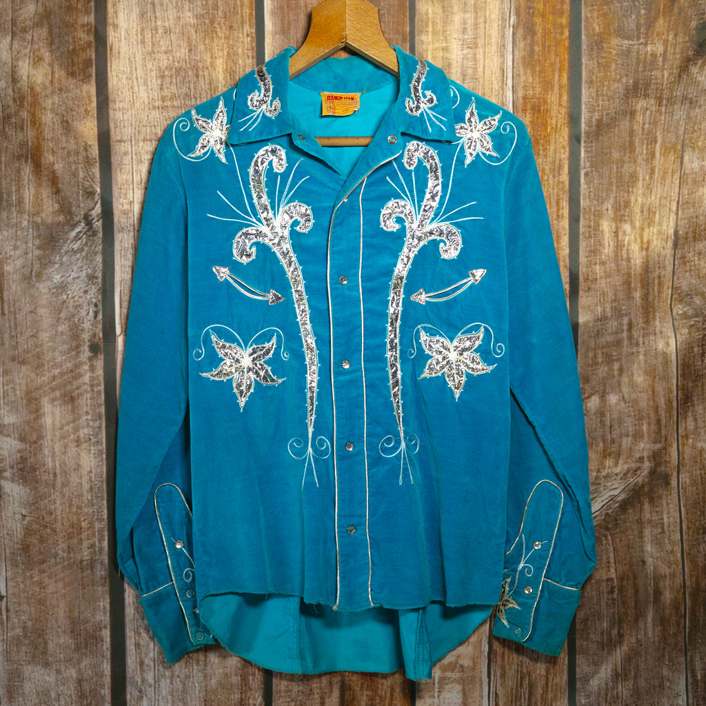 Vintage 1950s Ranch Man Turquoise Velvet Western Shirt