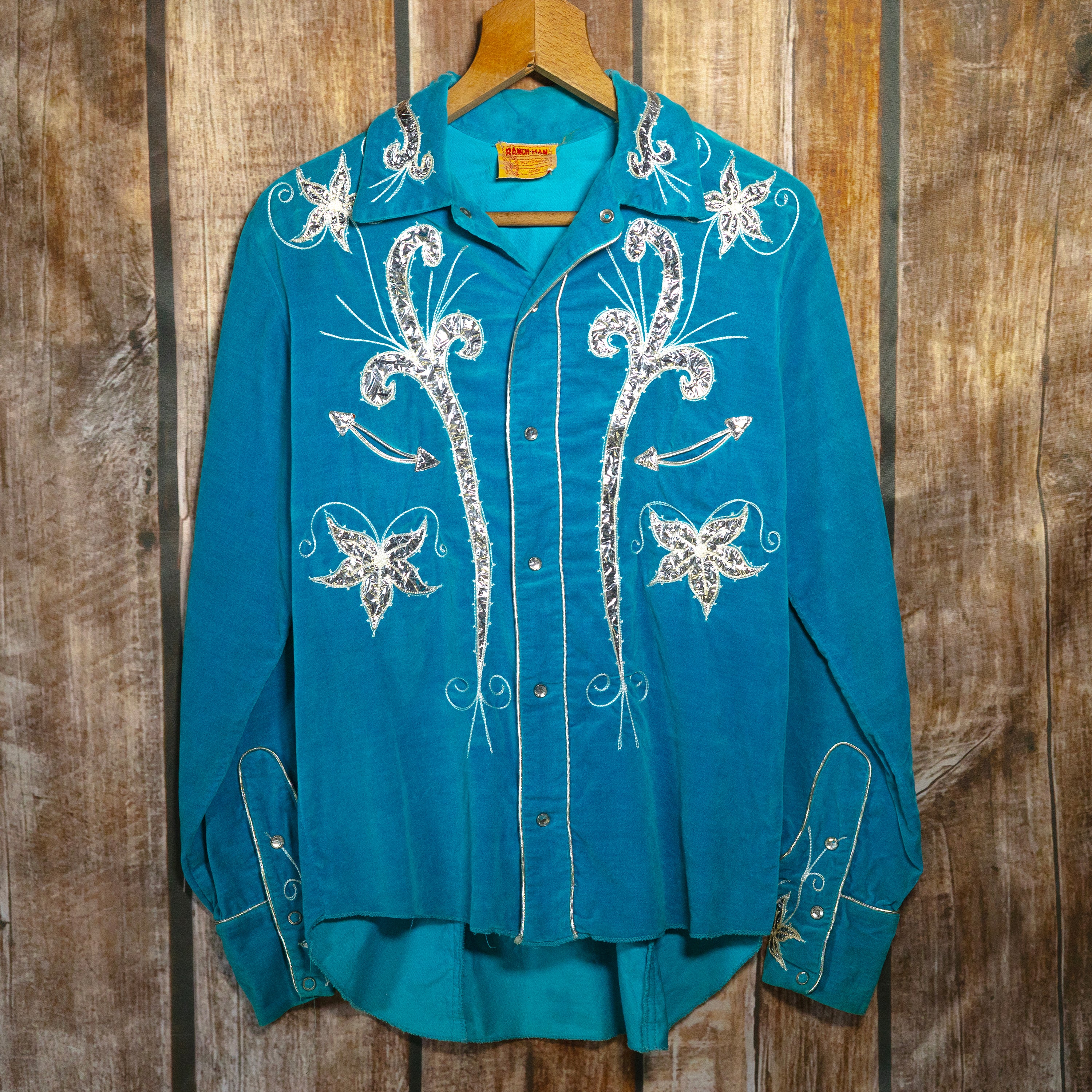 Vintage 1950s Ranch Man Turquoise Velvet Western Shirt