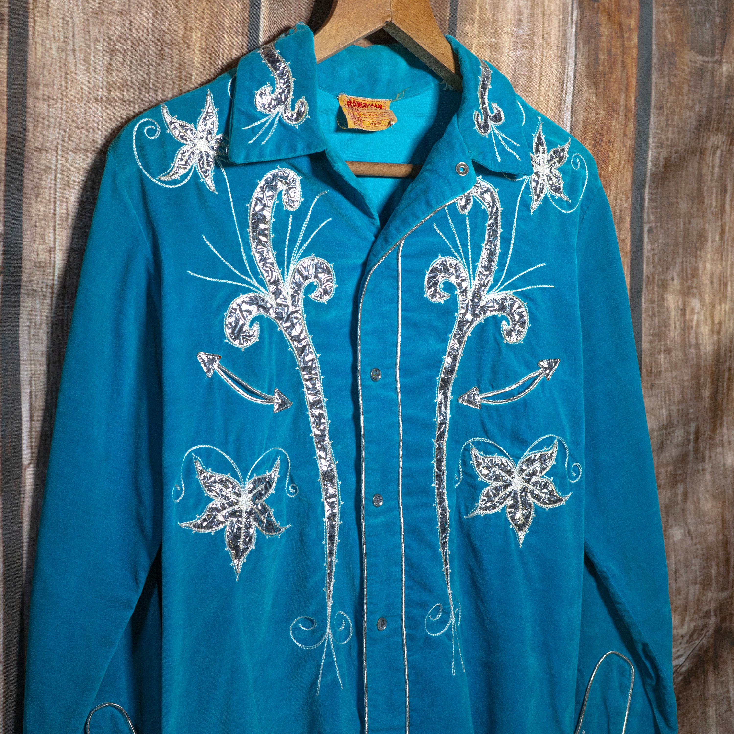 Vintage 1950s Ranch Man Turquoise Velvet Western Shirt