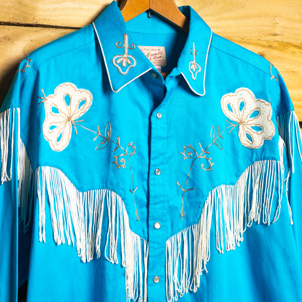Rockmount Ranch Wear Fringed Blue Floral Embroidered Western Shirt – XL