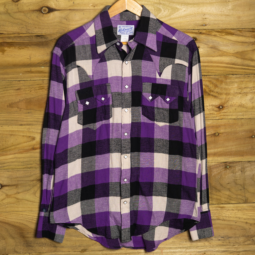 Rockmount Ranch Wear Purple Check Flannel Western Shirt - Pearl Snaps - Size L