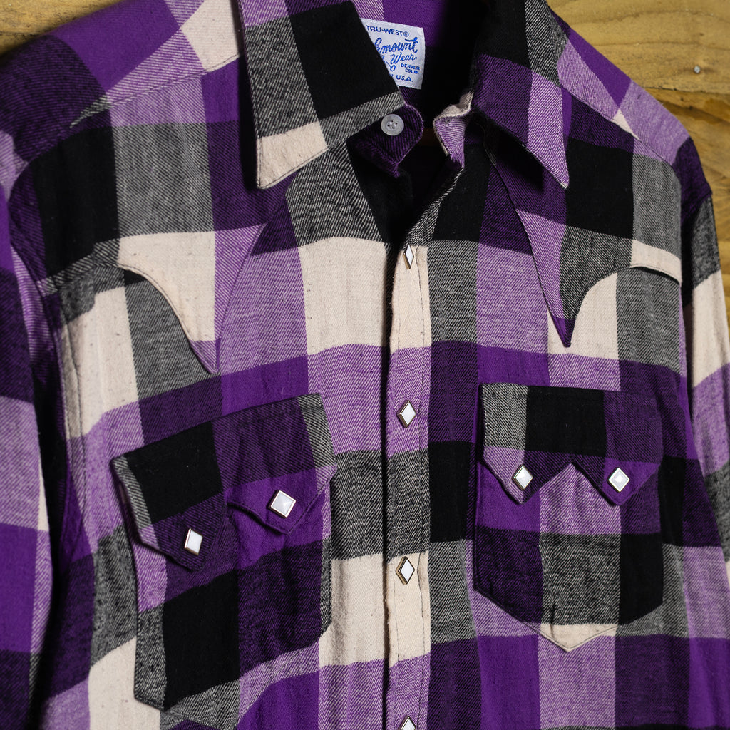 Rockmount Ranch Wear Purple Check Flannel Western Shirt - Pearl Snaps - Size L