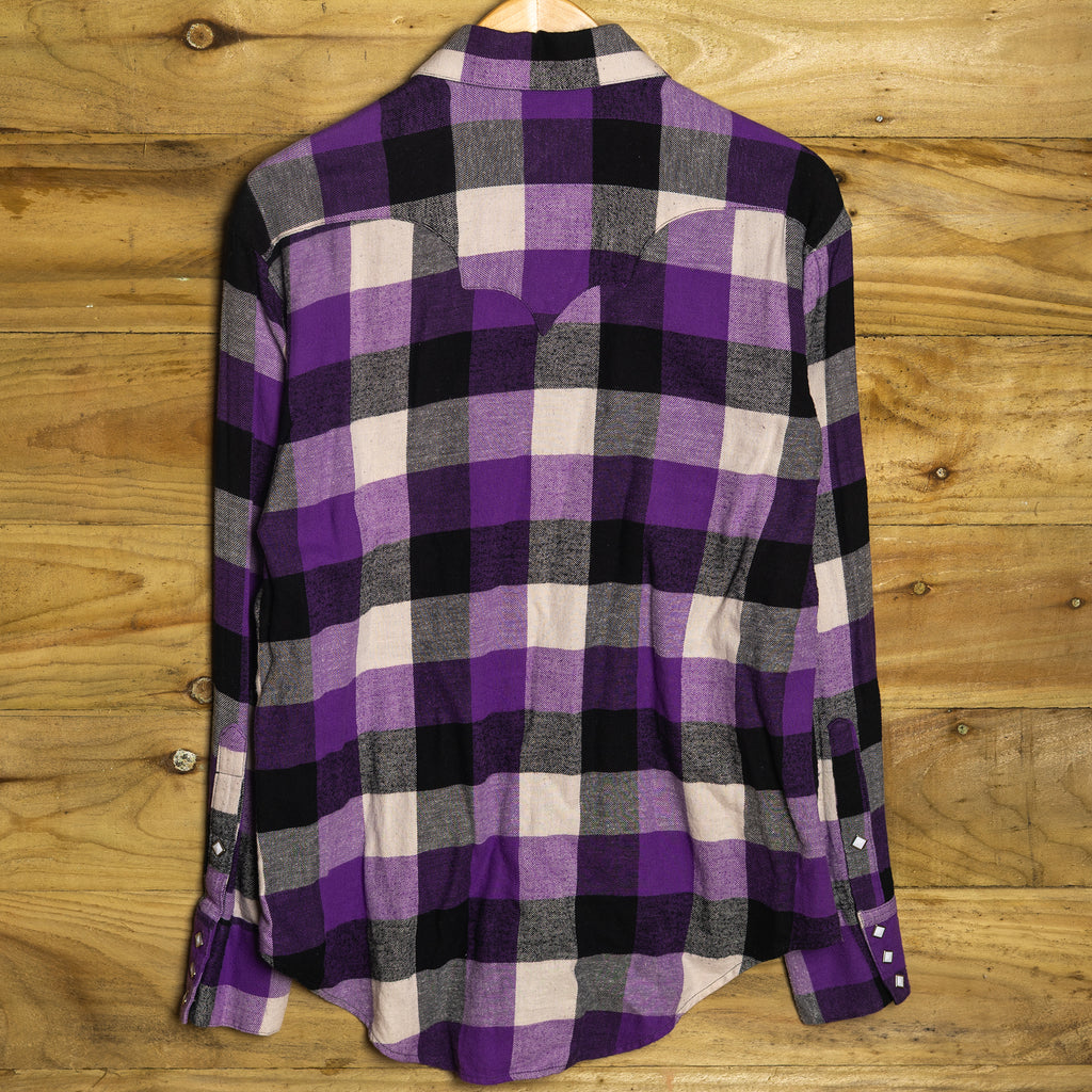 Rockmount Ranch Wear Purple Check Flannel Western Shirt - Pearl Snaps - Size L